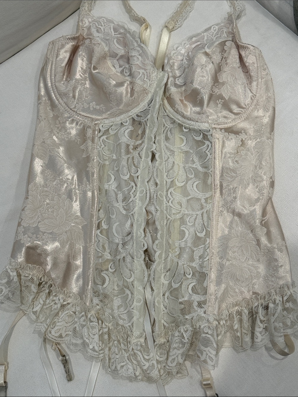 Ivory Lace Satin Bustier Corset with Garter Straps